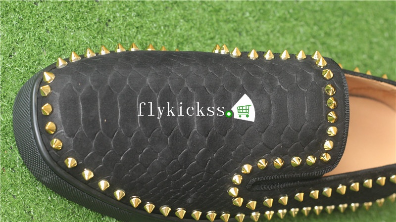 Christian Louboutin Low Spikes Python Leather Pik Boat Flat Black Casual Shoes Golden Rivets